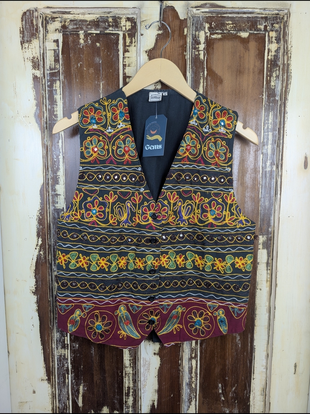 Vintage Sambar Embroidered Vest Medium Boho Festival Bird Floral Folk Art